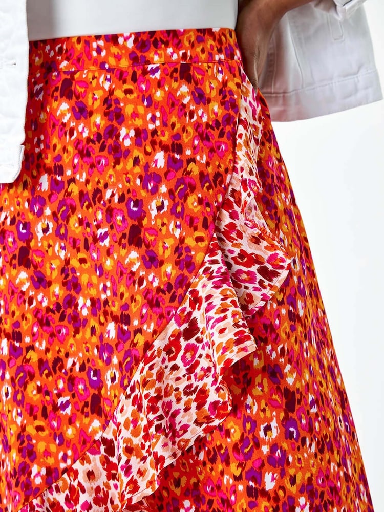 Roman Orange Mixed Animal Print Frill Wrap Skirt - Image 5 of 5