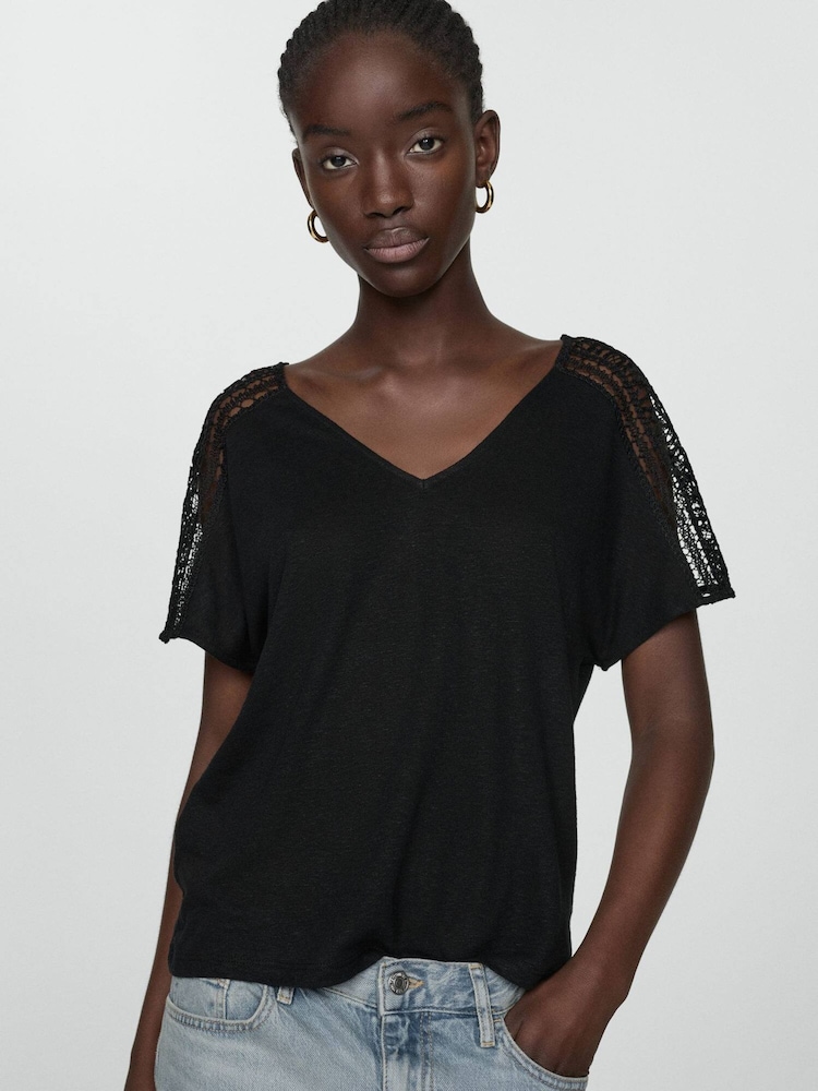 Mango Black Openwork Details T-Shirt - Image 1 of 6 Mango Black Openwork Details T-Shirt - Image 1 of 6