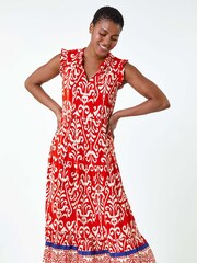 Roman Red Border Print Tie Detail Tiered Dress - Image 1 of 5