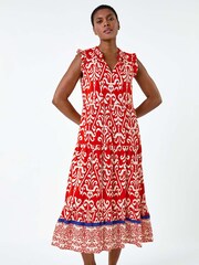 Roman Red Border Print Tie Detail Tiered Dress - Image 2 of 5