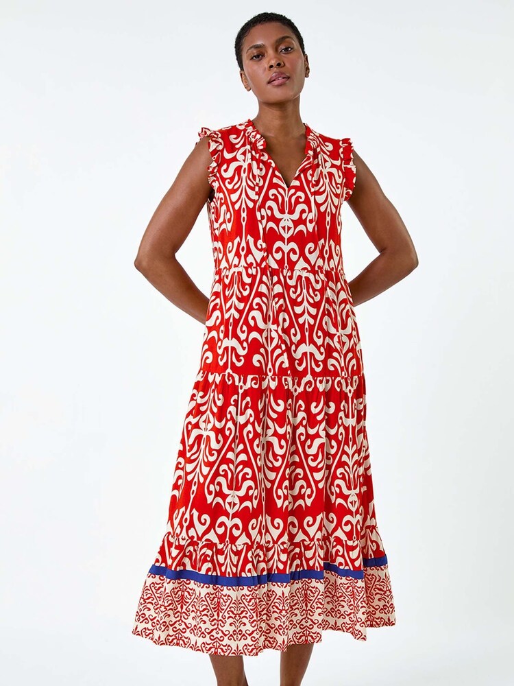 Roman Red Border Print Tie Detail Tiered Dress - Image 2 of 5