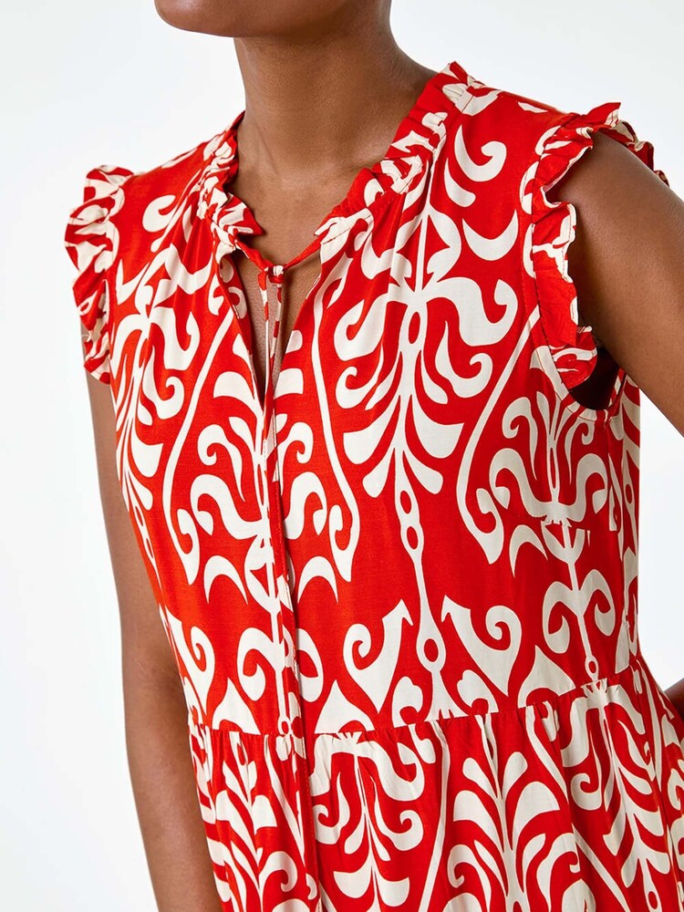 Roman Red Border Print Tie Detail Tiered Dress - Image 5 of 5
