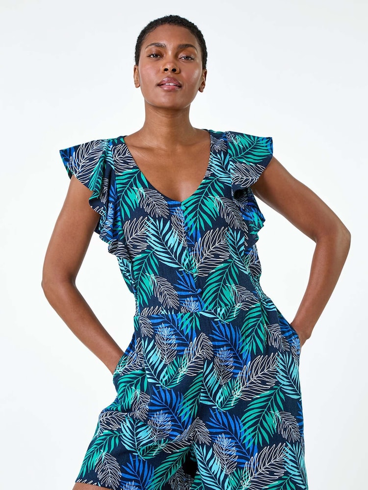 Roman Blue Tropical Leaf Print Linen Blend Playsuit - Image 1 of 5