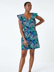 Roman Blue Tropical Leaf Print Linen Blend Playsuit - Image 2 of 5