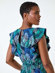 Roman Blue Tropical Leaf Print Linen Blend Playsuit - Image 4 of 5