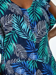 Roman Blue Tropical Leaf Print Linen Blend Playsuit - Image 5 of 5