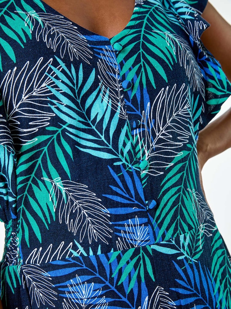 Roman Blue Tropical Leaf Print Linen Blend Playsuit - Image 5 of 5