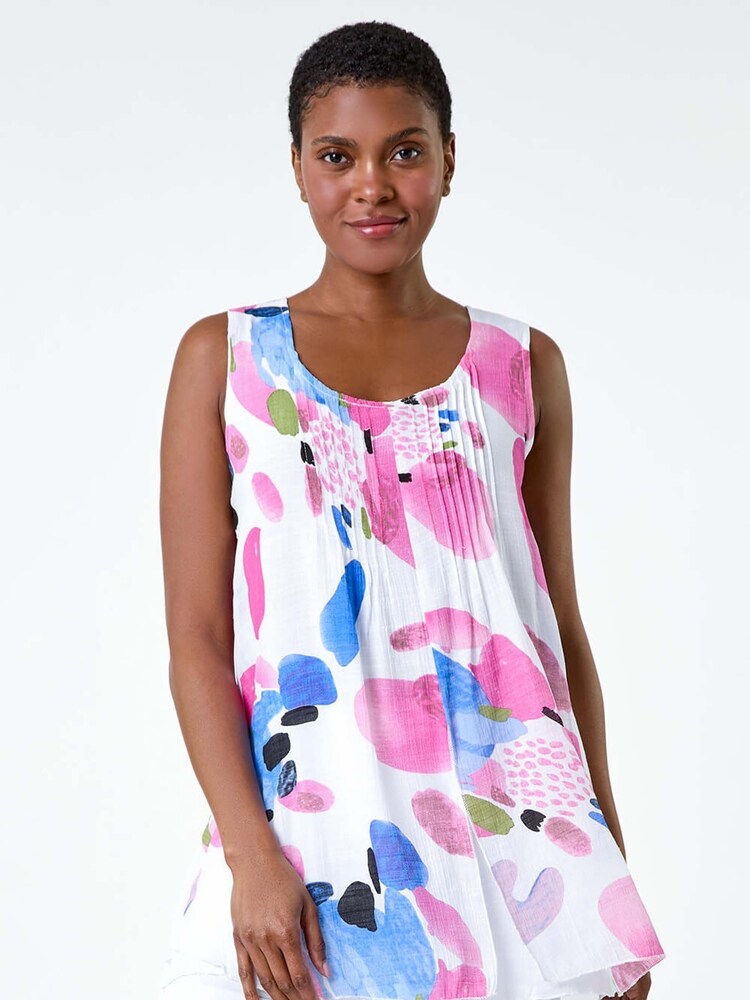 Roman Pink Abstract Print Pintuck Overlay Vest Top - Image 2 of 5