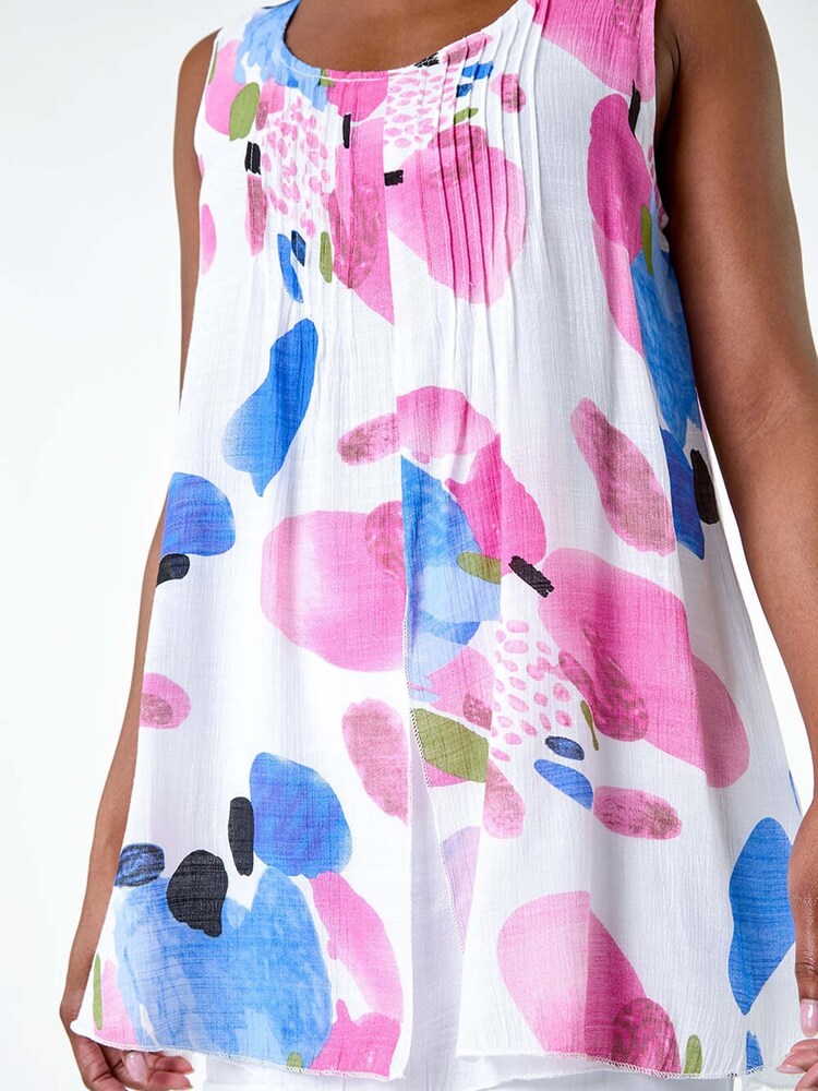 Roman Pink Abstract Print Pintuck Overlay Vest Top - Image 5 of 5