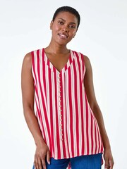 Roman Red Stripe Print Button Detail Vest Top - Image 1 of 5