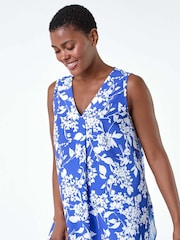 Roman Blue Ditsy Floral Sleeveless Pleat Vest Top - Image 1 of 5