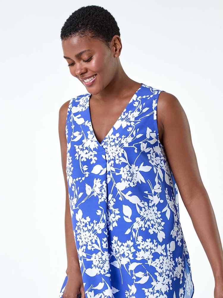 Roman Blue Ditsy Floral Sleeveless Pleat Vest Top - Image 1 of 5
