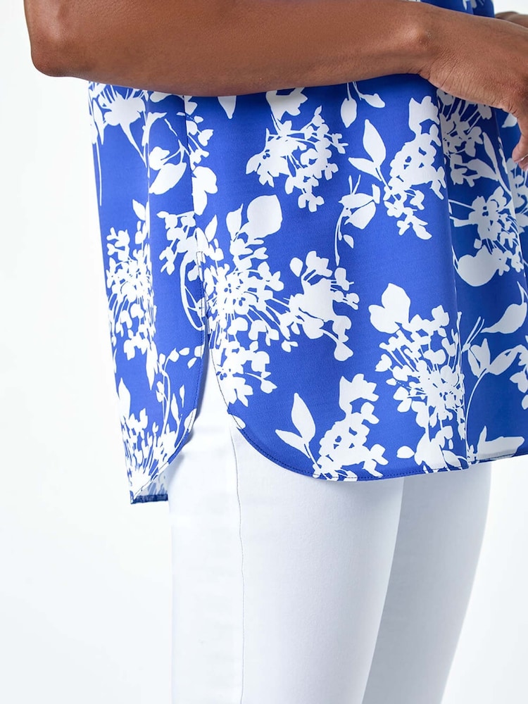 Roman Blue Ditsy Floral Sleeveless Pleat Vest Top - Image 5 of 5
