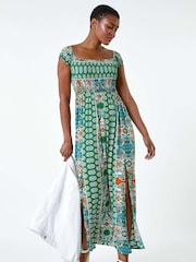 Roman Green Patchwork Shirred Bardot Maxi Dress - Image 1 of 5