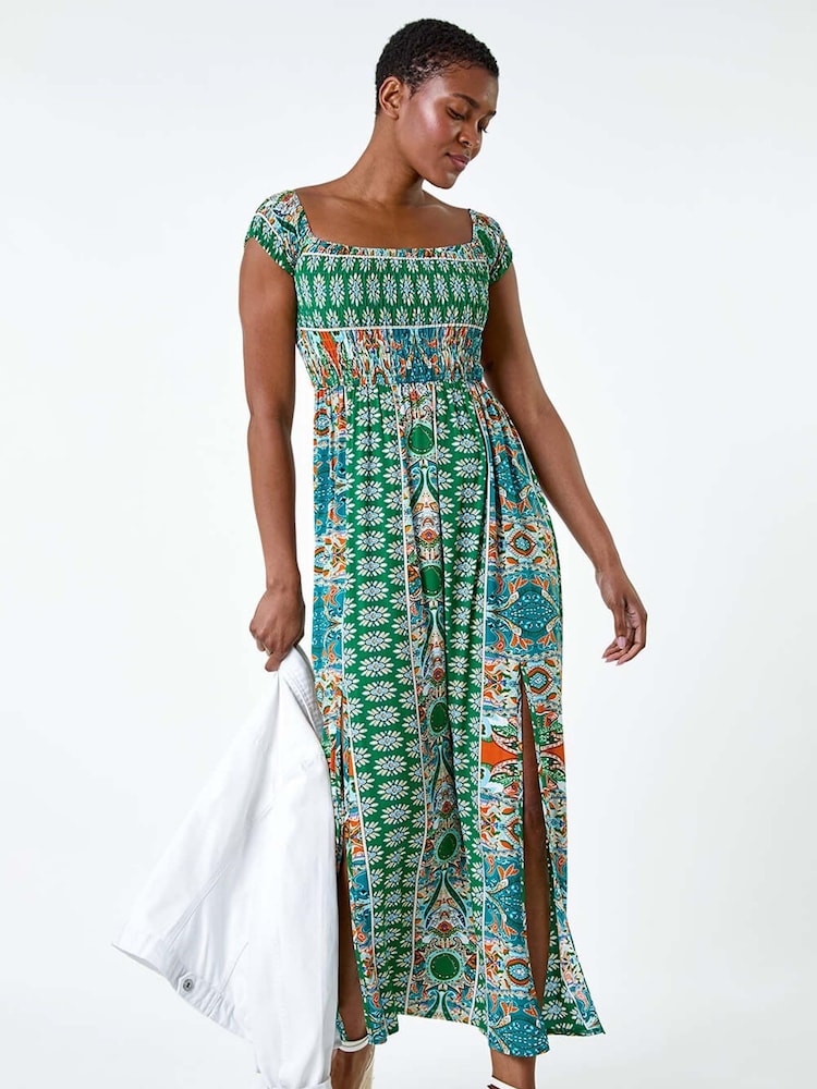 Roman Green Patchwork Shirred Bardot Maxi Dress - Image 1 of 5
