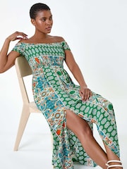Roman Green Patchwork Shirred Bardot Maxi Dress - Image 2 of 5
