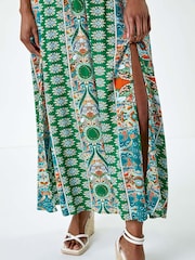 Roman Green Patchwork Shirred Bardot Maxi Dress - Image 5 of 5