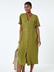 Roman Green Button Through Shirred Midi Dress - Image 1 of 5