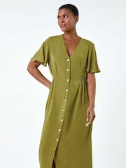 Roman Green Button Through Shirred Midi Dress - Image 2 of 5