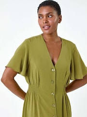 Roman Green Button Through Shirred Midi Dress - Image 4 of 5