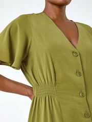 Roman Green Button Through Shirred Midi Dress - Image 5 of 5