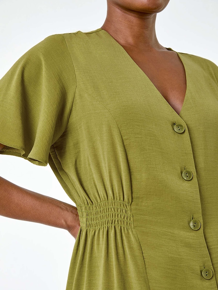 Roman Green Button Through Shirred Midi Dress - Image 5 of 5