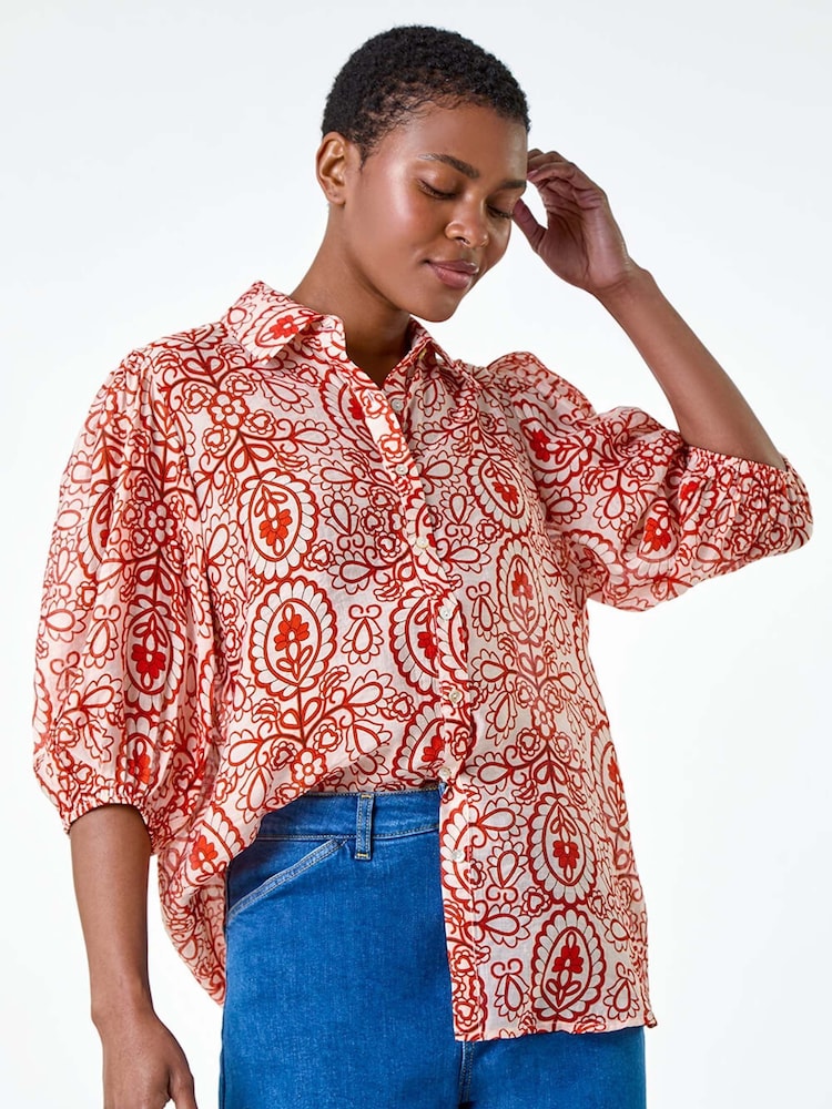 Roman Red Floral Paisley Balloon Sleeve Shirt - Image 1 of 5