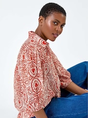 Roman Red Floral Paisley Balloon Sleeve Shirt - Image 2 of 5