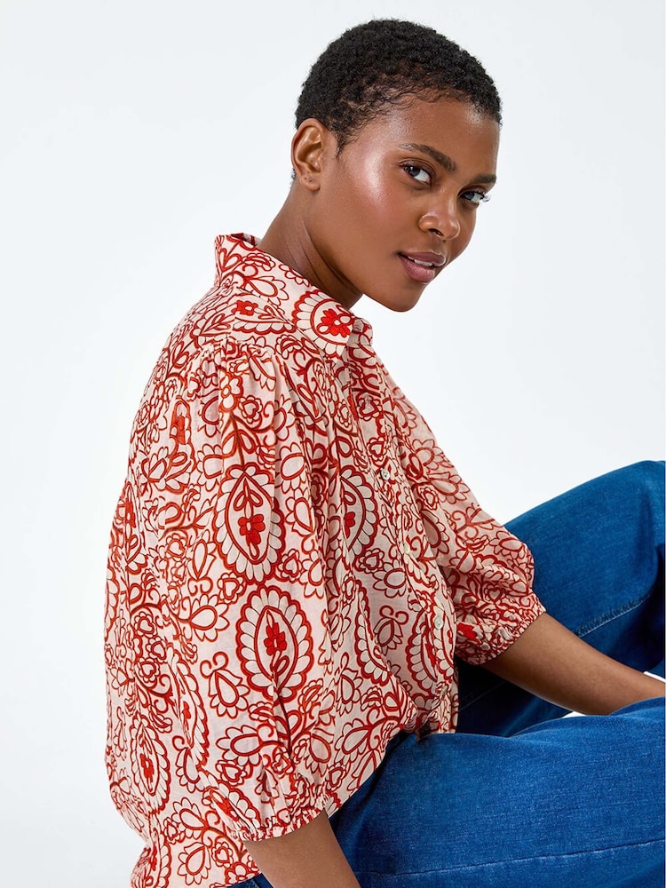 Roman Red Floral Paisley Balloon Sleeve Shirt - Image 2 of 5