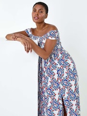 Roman Red Paisley Shirred Bardot Maxi Dress - Image 1 of 5