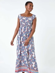Roman Red Paisley Shirred Bardot Maxi Dress - Image 2 of 5
