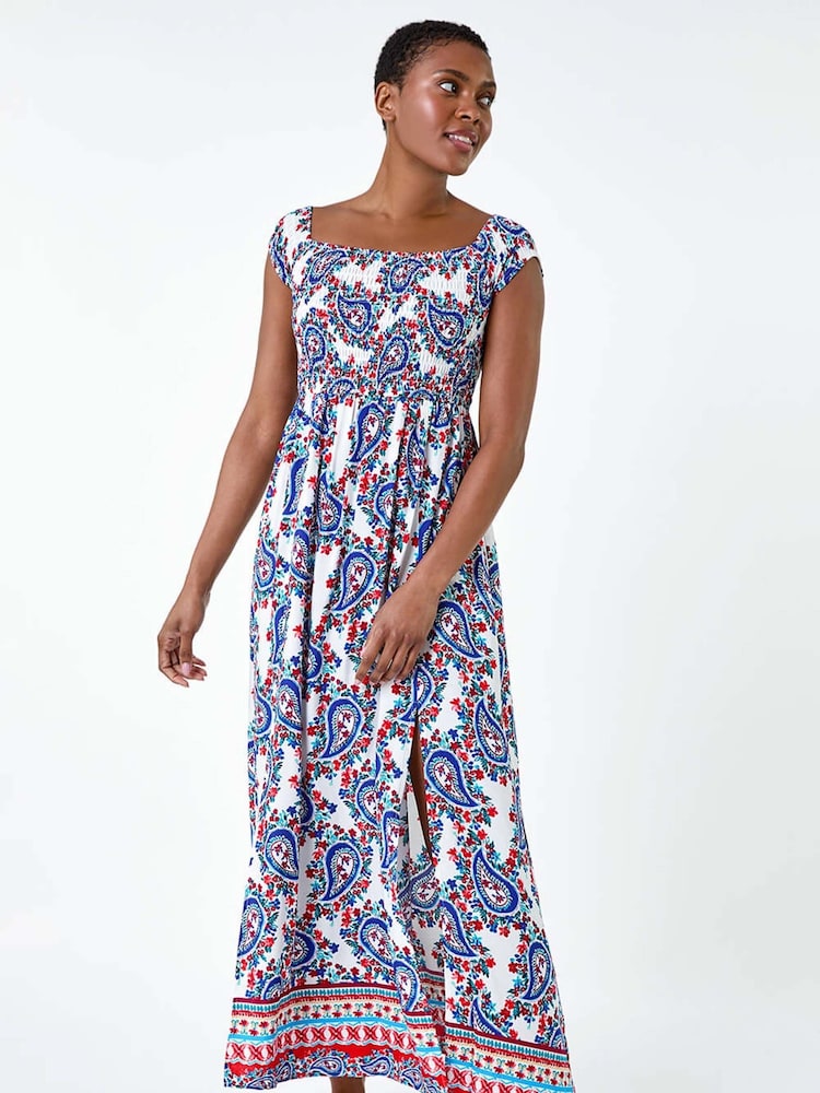 Roman Red Paisley Shirred Bardot Maxi Dress - Image 2 of 5 Roman Red Paisley Shirred Bardot Maxi Dress - Image 2 of 5