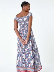 Roman Red Paisley Shirred Bardot Maxi Dress - Image 3 of 5