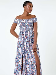 Roman Red Paisley Shirred Bardot Maxi Dress - Image 4 of 5
