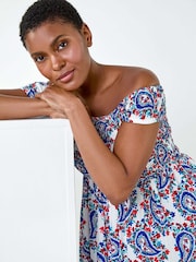 Roman Red Paisley Shirred Bardot Maxi Dress - Image 5 of 5