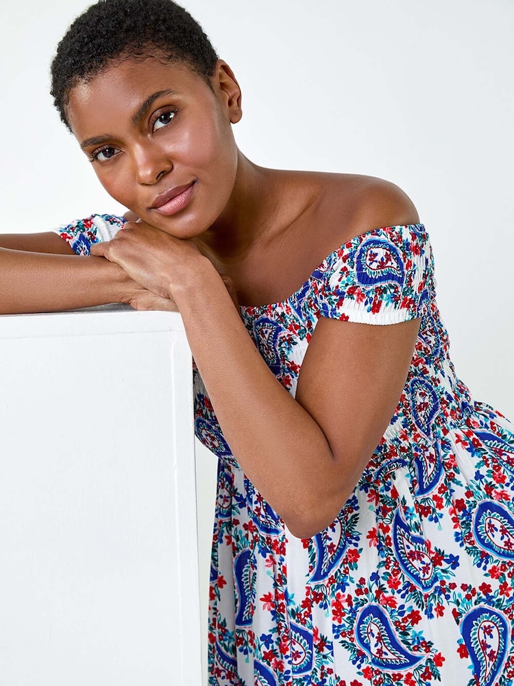 Roman Red Paisley Shirred Bardot Maxi Dress - Image 5 of 5