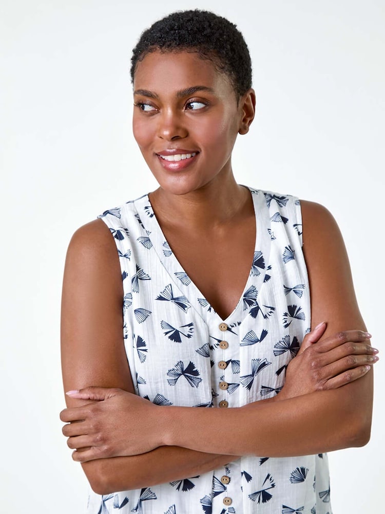 Roman Blue Fan Print Button Detail Vest Top - Image 2 of 5