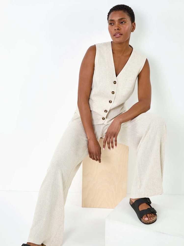 Roman Natural Linen Mix Wide Leg Trousers - Image 1 of 5