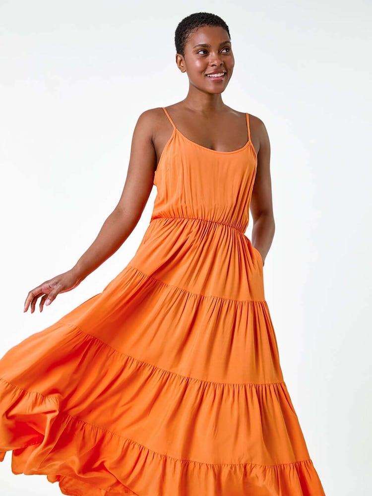 Roman Orange Plain Tiered Midi Dress - Image 2 of 5