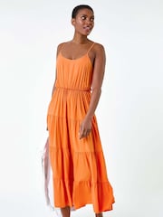 Roman Orange Plain Tiered Midi Dress - Image 4 of 5
