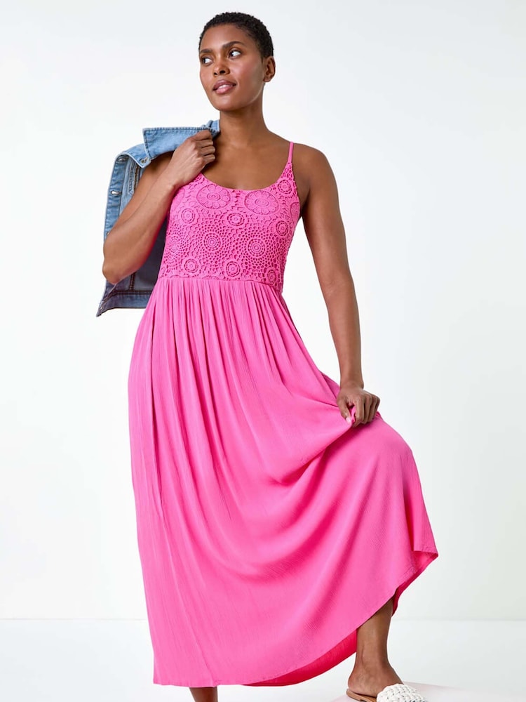 Roman Pink Lace Bodice Shirred Midi Dress - Image 1 of 5 Roman Pink Lace Bodice Shirred Midi Dress - Image 1 of 5