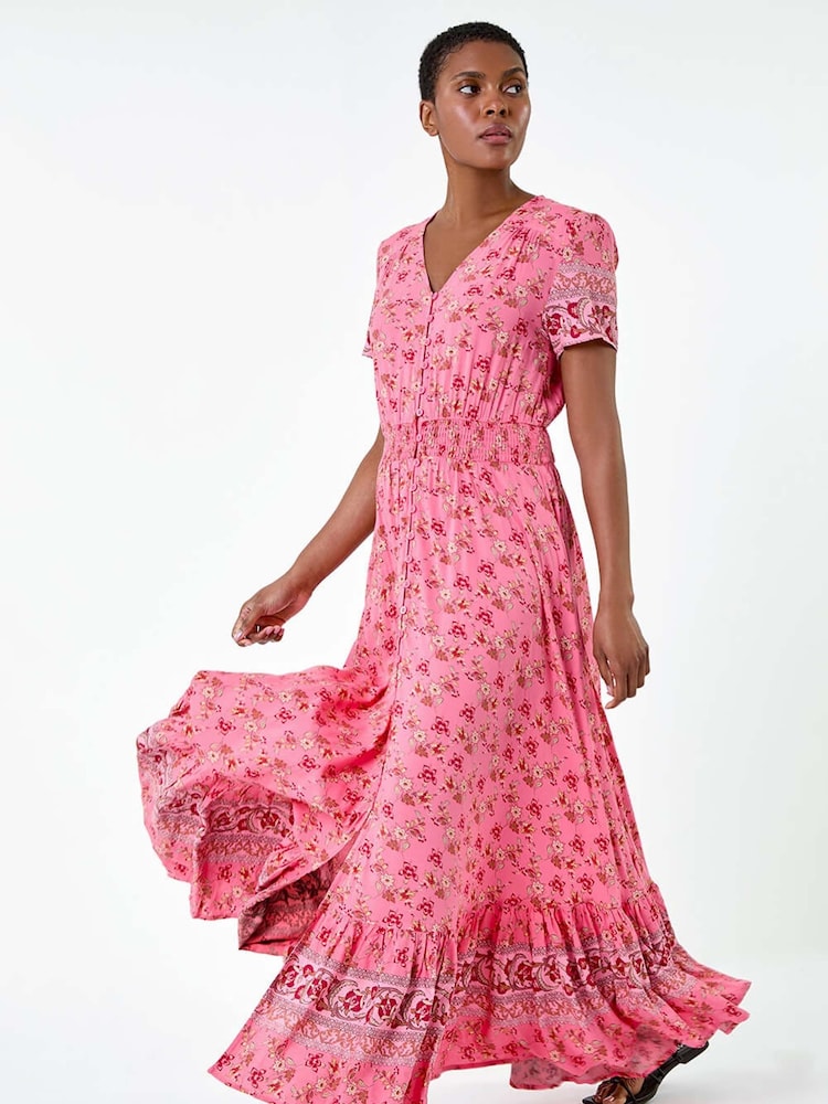 Roman Pink Ditsy Floral Button Detail Maxi Dress - Image 1 of 5