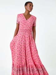 Roman Pink Ditsy Floral Button Detail Maxi Dress - Image 4 of 5