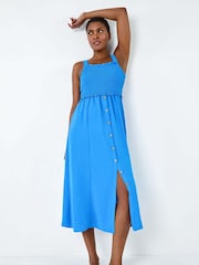 Roman Blue Plain Shirred Button Detail Midi Dress - Image 1 of 5