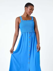 Roman Blue Plain Shirred Button Detail Midi Dress - Image 2 of 5