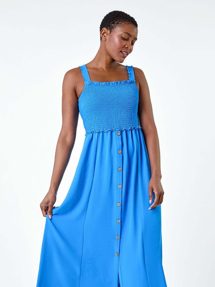 Roman Blue Plain Shirred Button Detail Midi Dress - Image 2 of 5