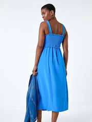 Roman Blue Plain Shirred Button Detail Midi Dress - Image 3 of 5
