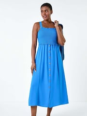 Roman Blue Plain Shirred Button Detail Midi Dress - Image 4 of 5
