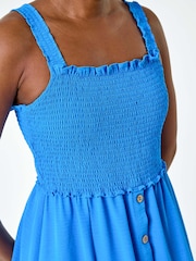 Roman Blue Plain Shirred Button Detail Midi Dress - Image 5 of 5