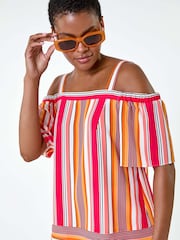 Roman Orange Stripe Print Cold Shoulder Bardot Top - Image 1 of 5